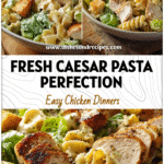 Fresh Chicken Caesar Pasta Salad with lettuce, parmesan, and croutons on a wooden table for lunch meal prep.